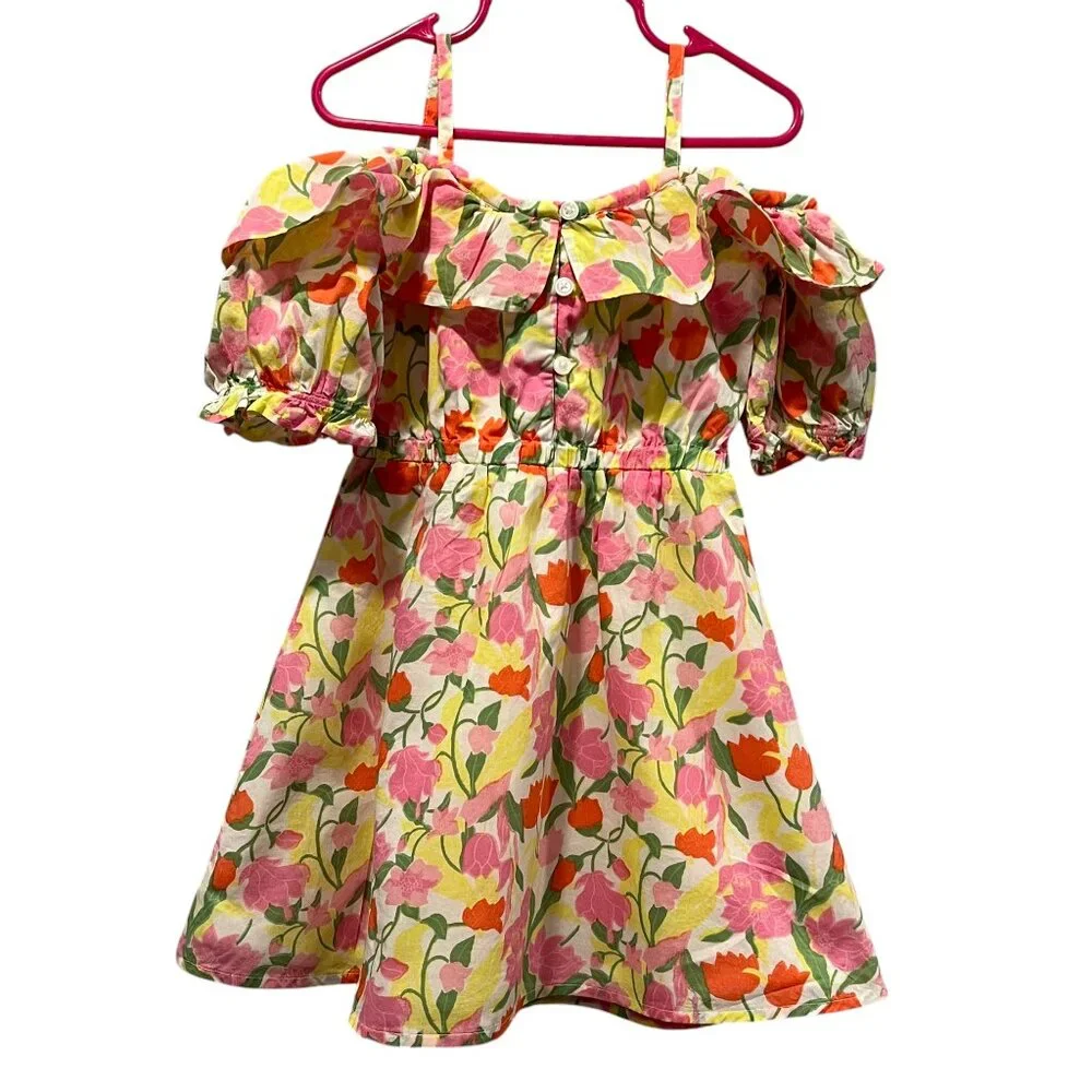 Janie and Jack Short Sleeve Floral Dress, Pink Yellow, 4